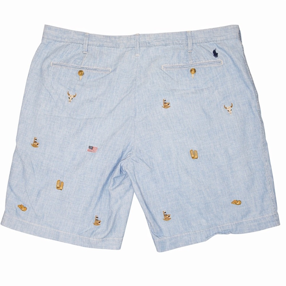 Polo Ralph Lauren Mens 42T Western Embroidered Chambray Shorts Blue Flag Skull - Picture 3 of 11